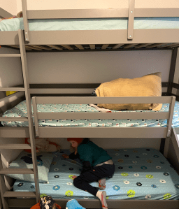 Llama Party Amazon Basics Kids Microfiber twin sheet set on middle bunk of triple bunk ned