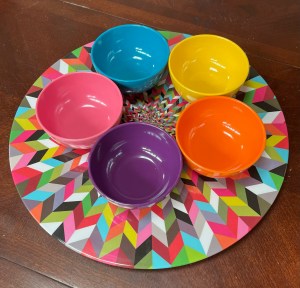 French Bull Lazy Susan spinning platter with five small bowls on it