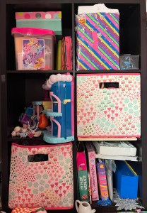 Closetmaid 6 cube Storage Shelf Organizer in girls' bedroom with books and toys