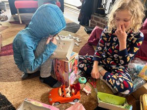 Eight and eleven year old kids playing with Calico Critter orange convertible car with Husky family