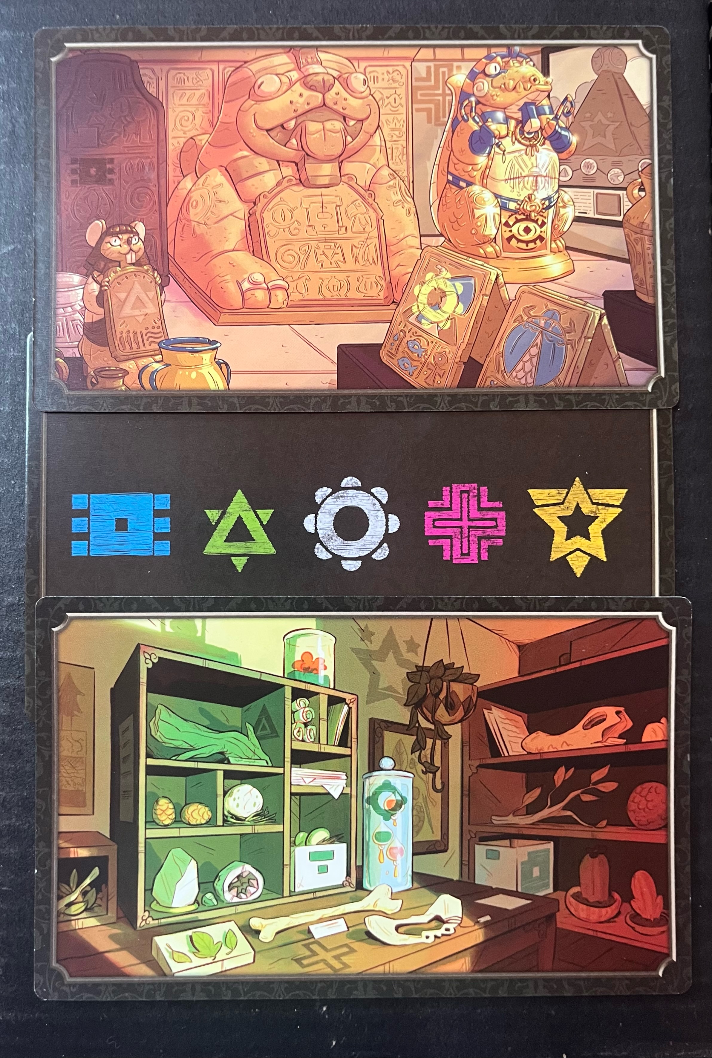 Scene cards and symbols from 5 Minute Mystery the Museum of Everything cooperative game