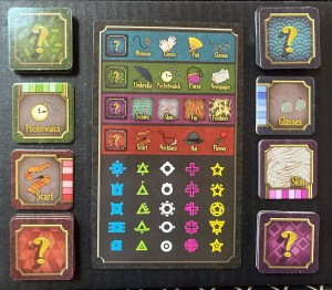 Red, blue, green, and purple clue cards from 5 Minute Mystery Game and player reference sheet