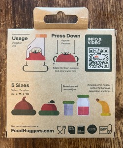 Food Huggers Reusable Silicone Food Savers back of box and instructions for use