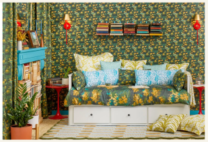 Designer Danielle Blundell's Reading Nook submission to Apartment Therapy's Small Cool Contest includes IKE Hemnes daybed and matching floral green and yellow linens, curtains, and wallpaper