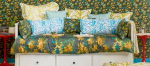 Designer Danielle Blundell uses whitneyenglish patterns and pillows from Spoonflower on IKEA's white Hemnes Daybed