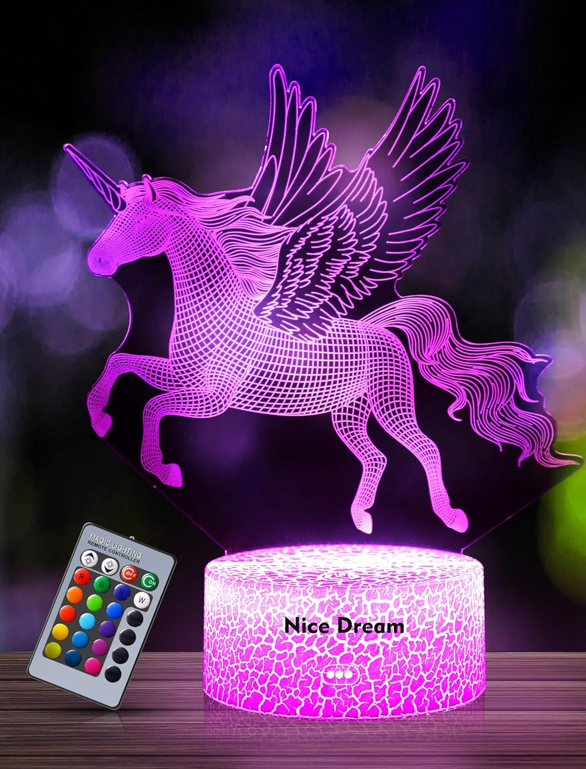 This clear lamp comes with a remote to control the 16 light up colors. Unicorn Night Lamp for Kids on Amazon