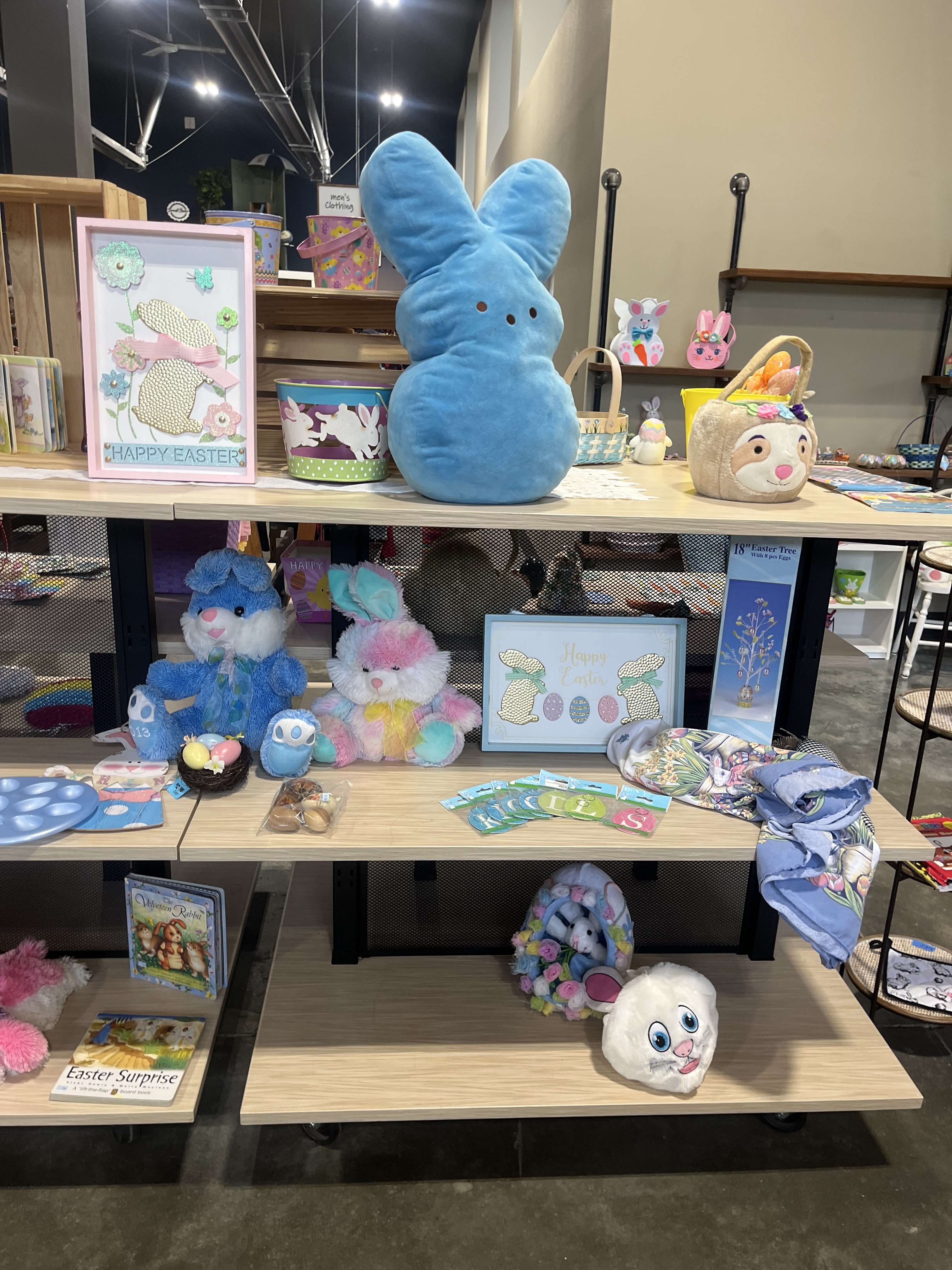 Peeps stuffed animal blue bunny in Easter display on shelves at shop
