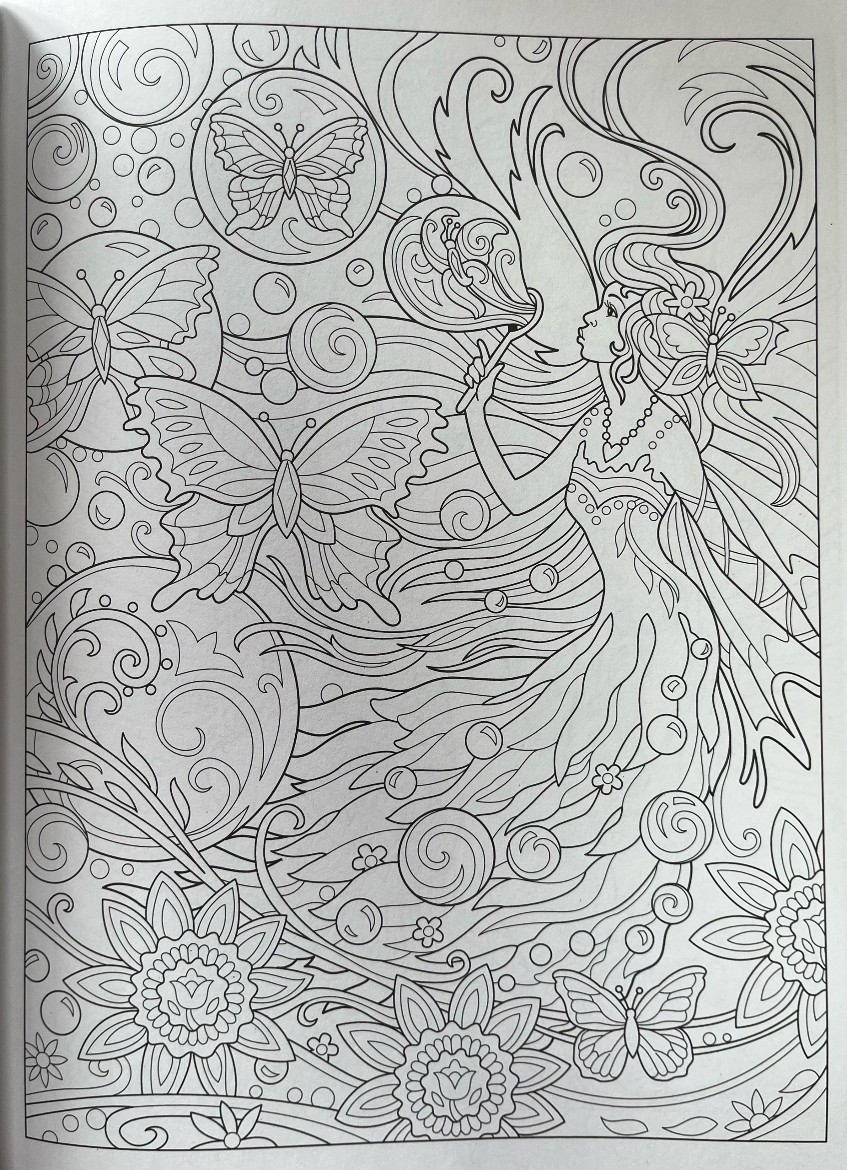 Creative Haven Magical Fairies Coloring Book blank page with butterflies in bubbles blw by