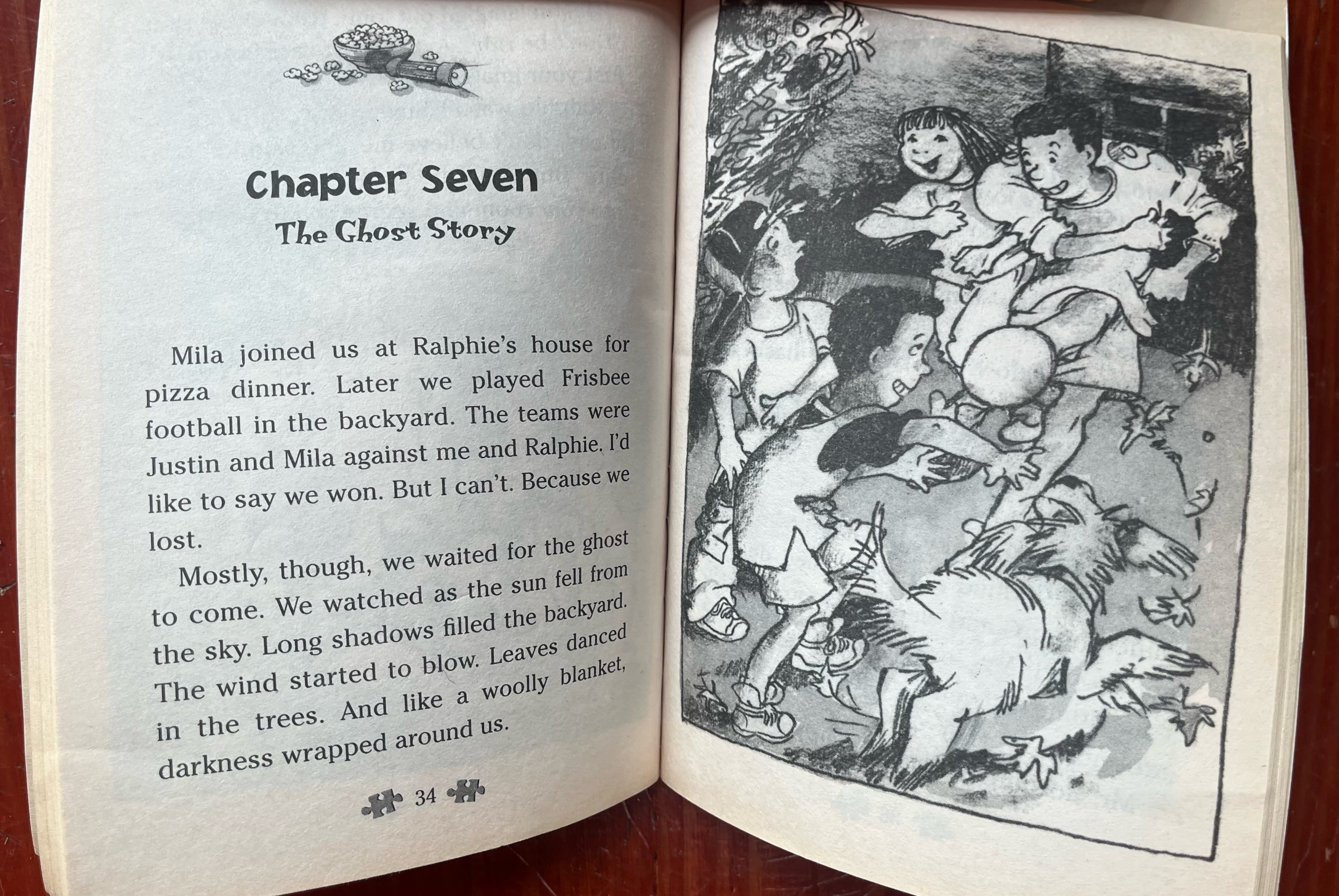 Chapter Seven beginning page and black and white illustration of kid ghost story frm Jigsaw Jones The Case of the