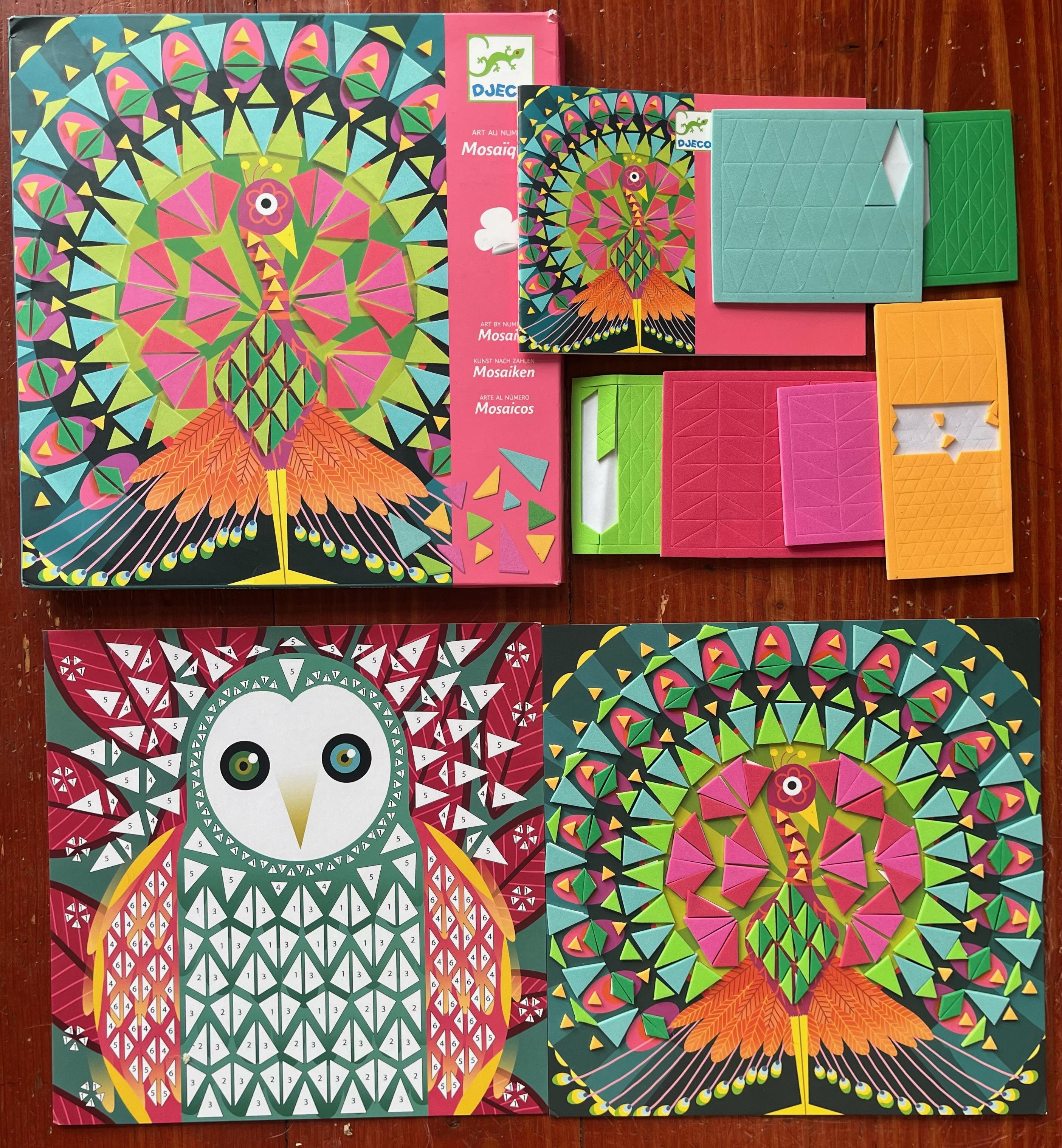 Djeco Mosaic Craft Kit for kids contents with foam sticker sheets and two different card designs of owl and peacock