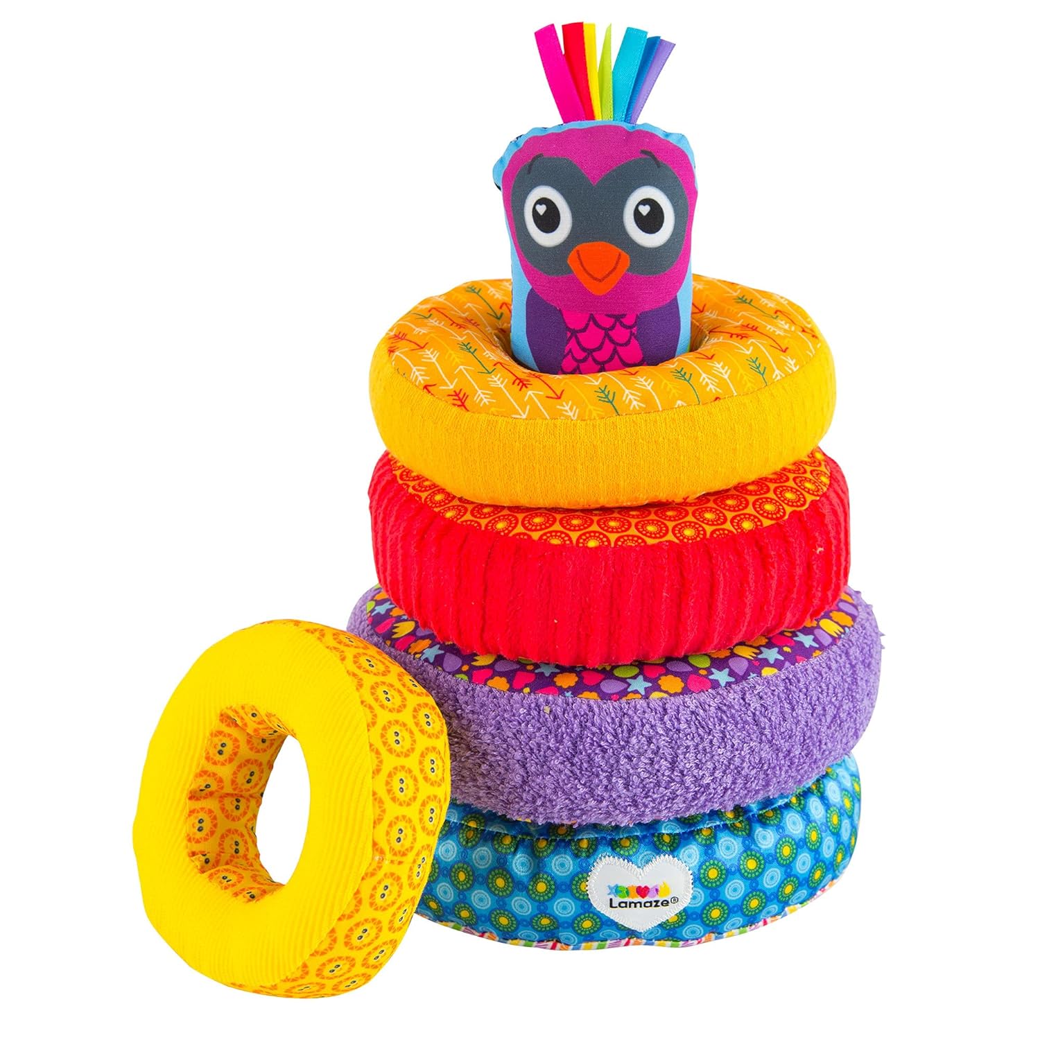 This soft toy has five rings. Lamaze Rainbow Stacking Rings Toy on Amazon