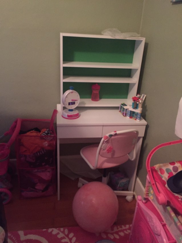 IKEA Brimnes dressing table as desk in corner of girl's bedroom