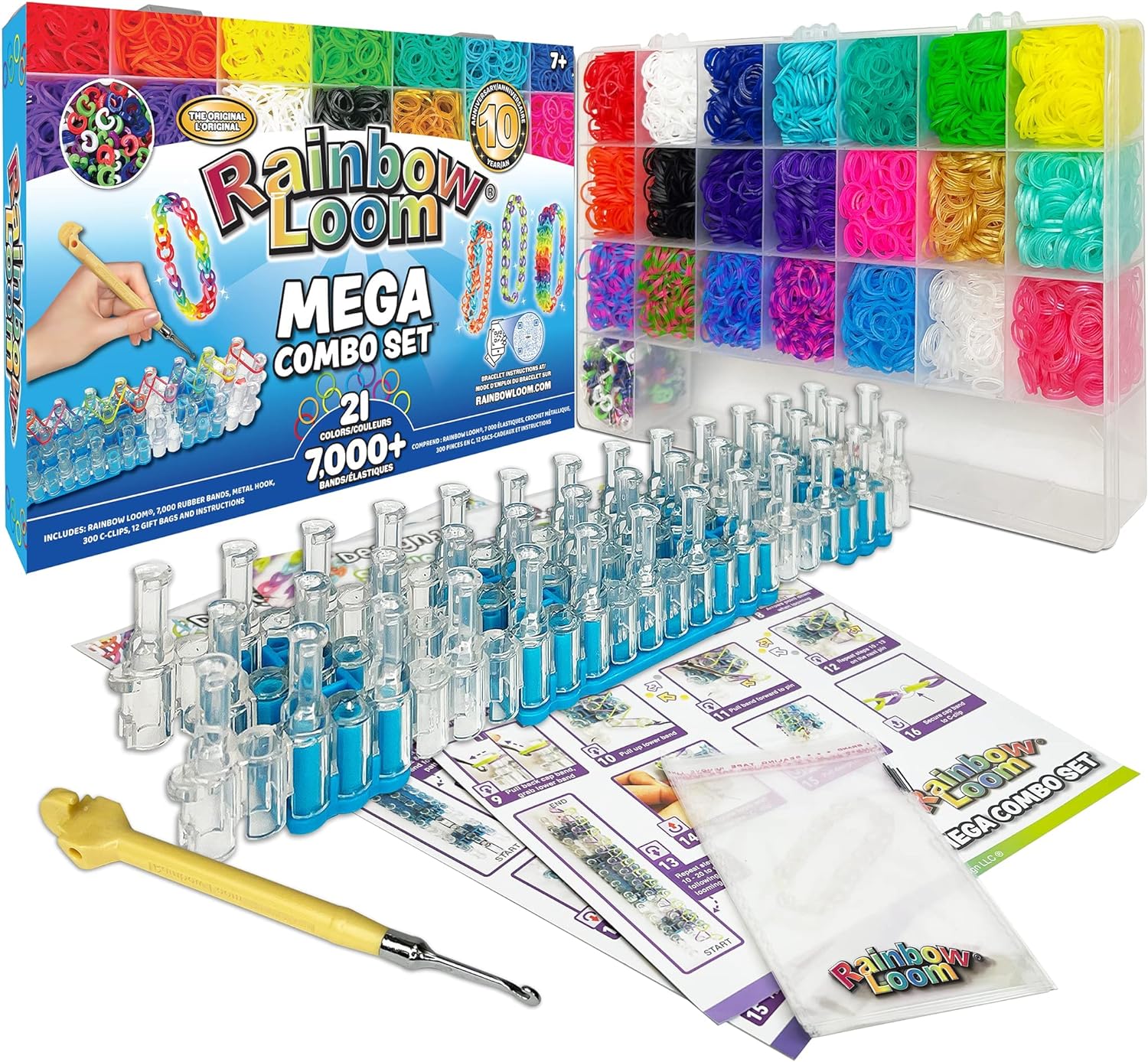 This set includes 21 colors of tiny rubber bands to combine and create. Rainbow Loom Mega Combo Set on Amazon