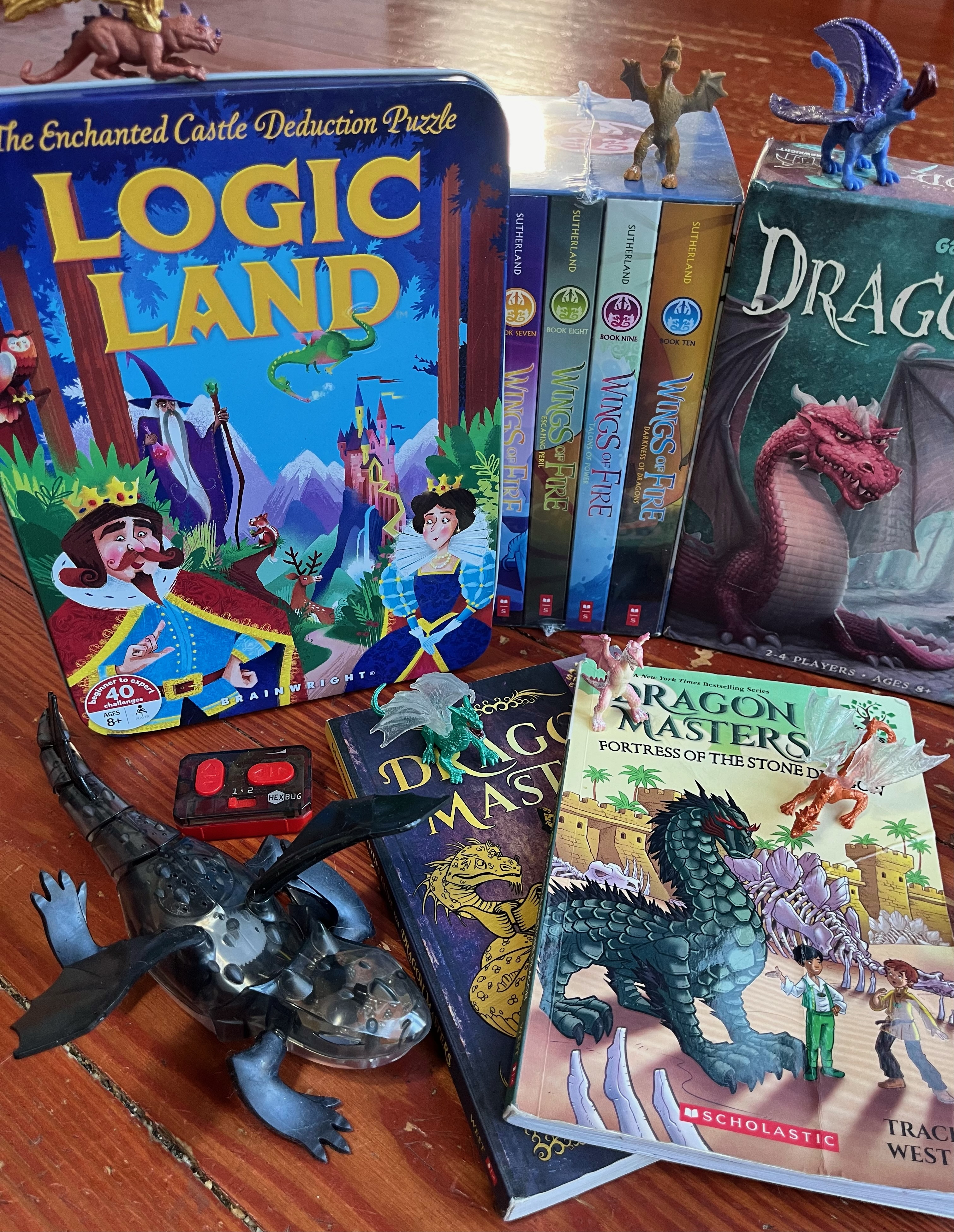 Logic Land Kids Puzzle, Wings of Fire books, Dragonwoord card game, Hexbug robotic dragon toy, Dragon Masters books