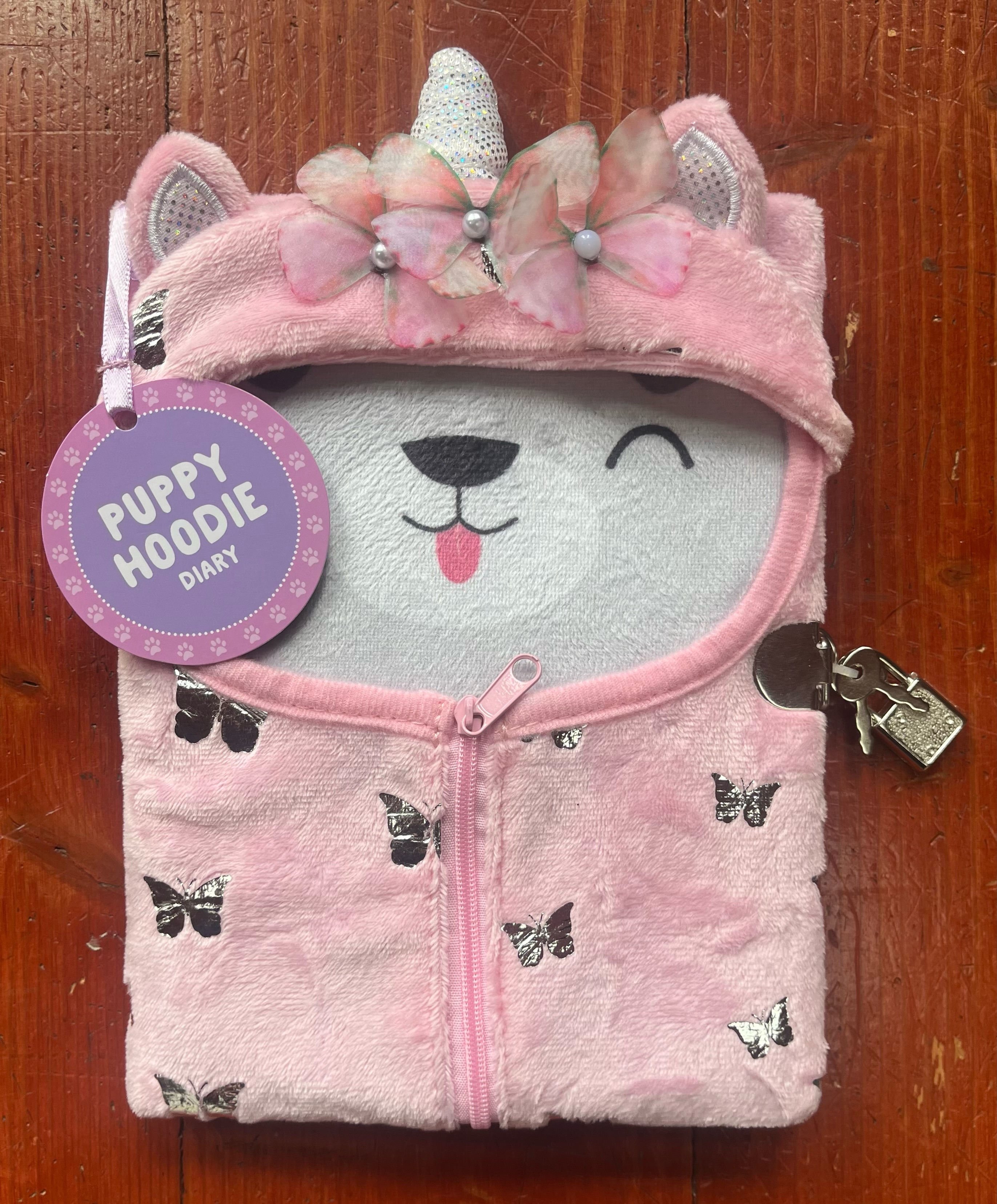 Puppy plush diary for kids with pale pink butterfly hoodie