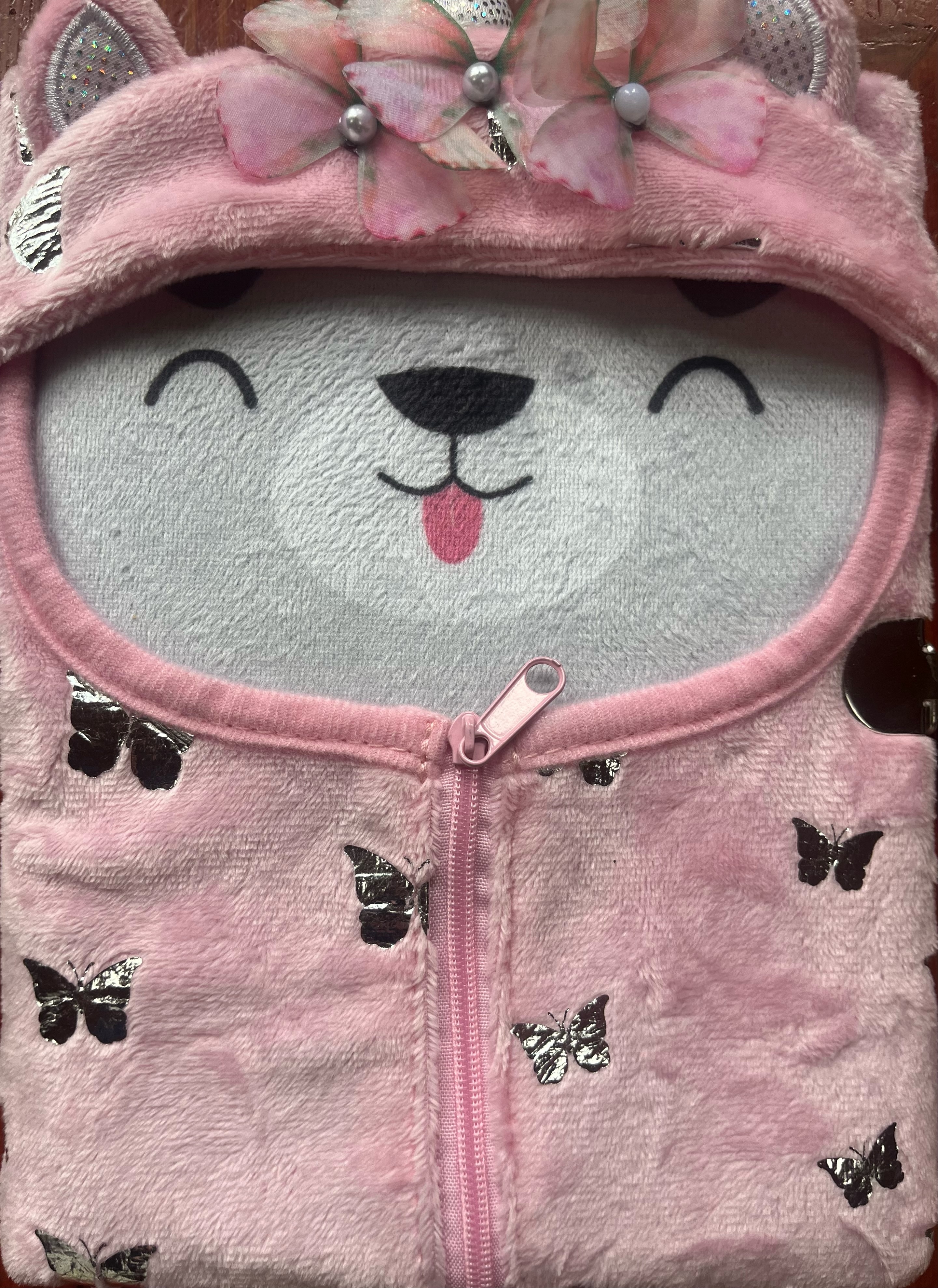 Puppy Plush Diary for kids pink hoodie with silver metallic butterflies and zipper cover
