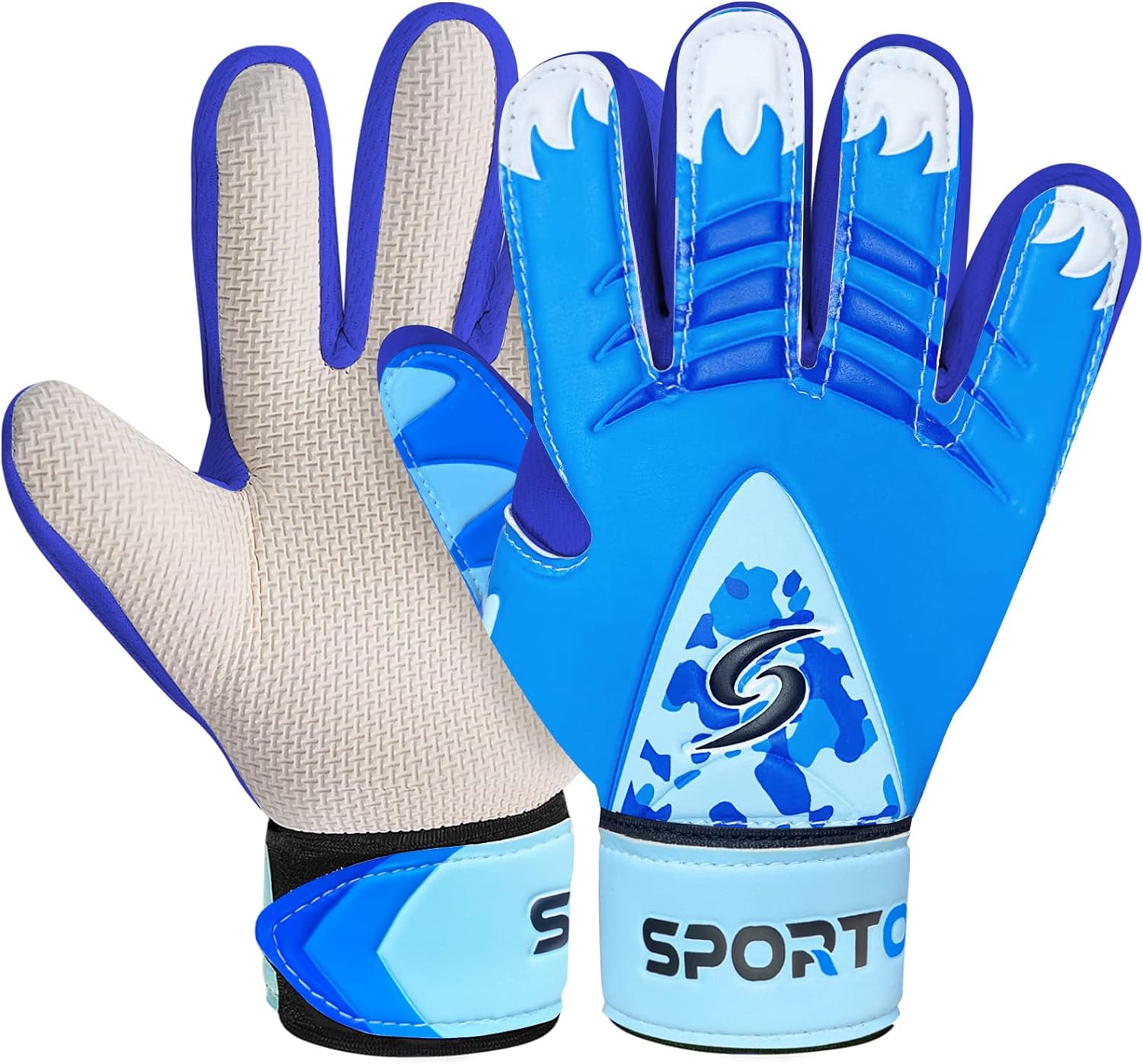 These gloves come in a variety of colors and sizes. SportOut Kids Goalie Gloves in blue and white image on Amazon