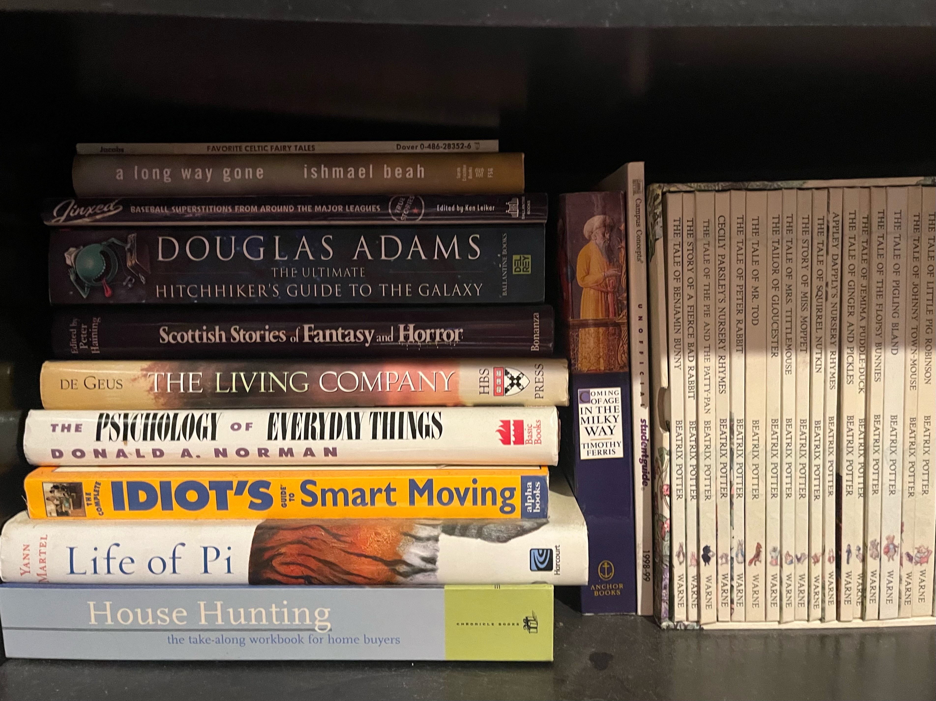 Books stacked horizontally on shelf next to vertical