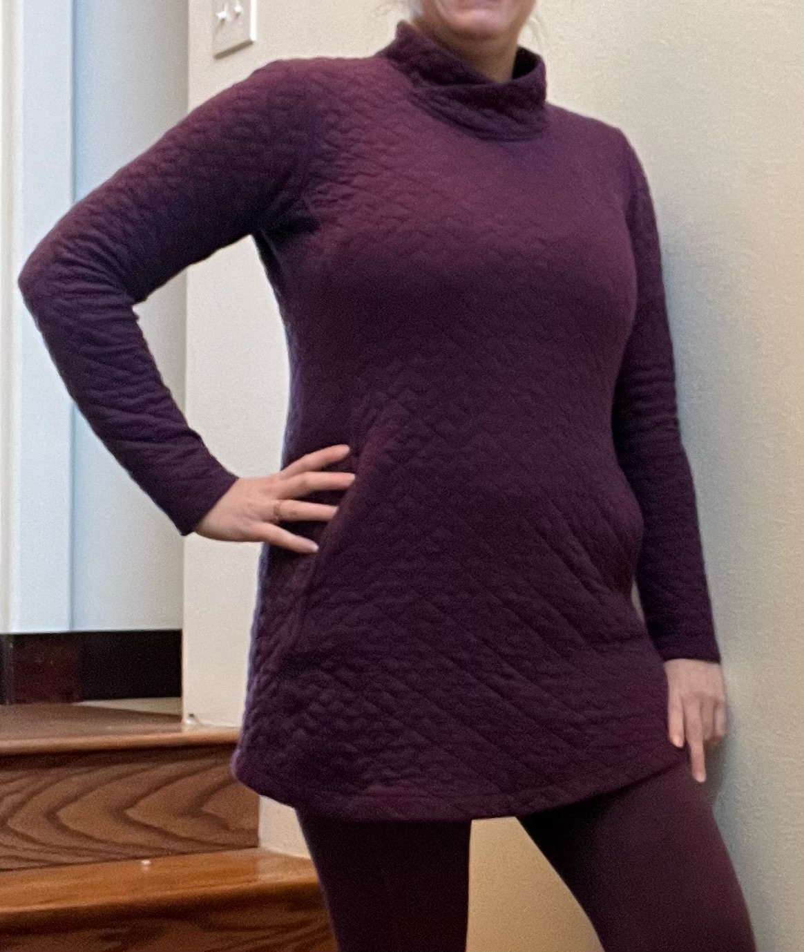 Columbia Sunday Summit Tunic in purple old version worn on stairs