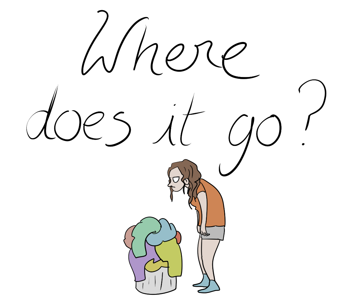 Where does it go? Comic illustration of mental overload a tired angry woman with dirty laundry in basket by Emma