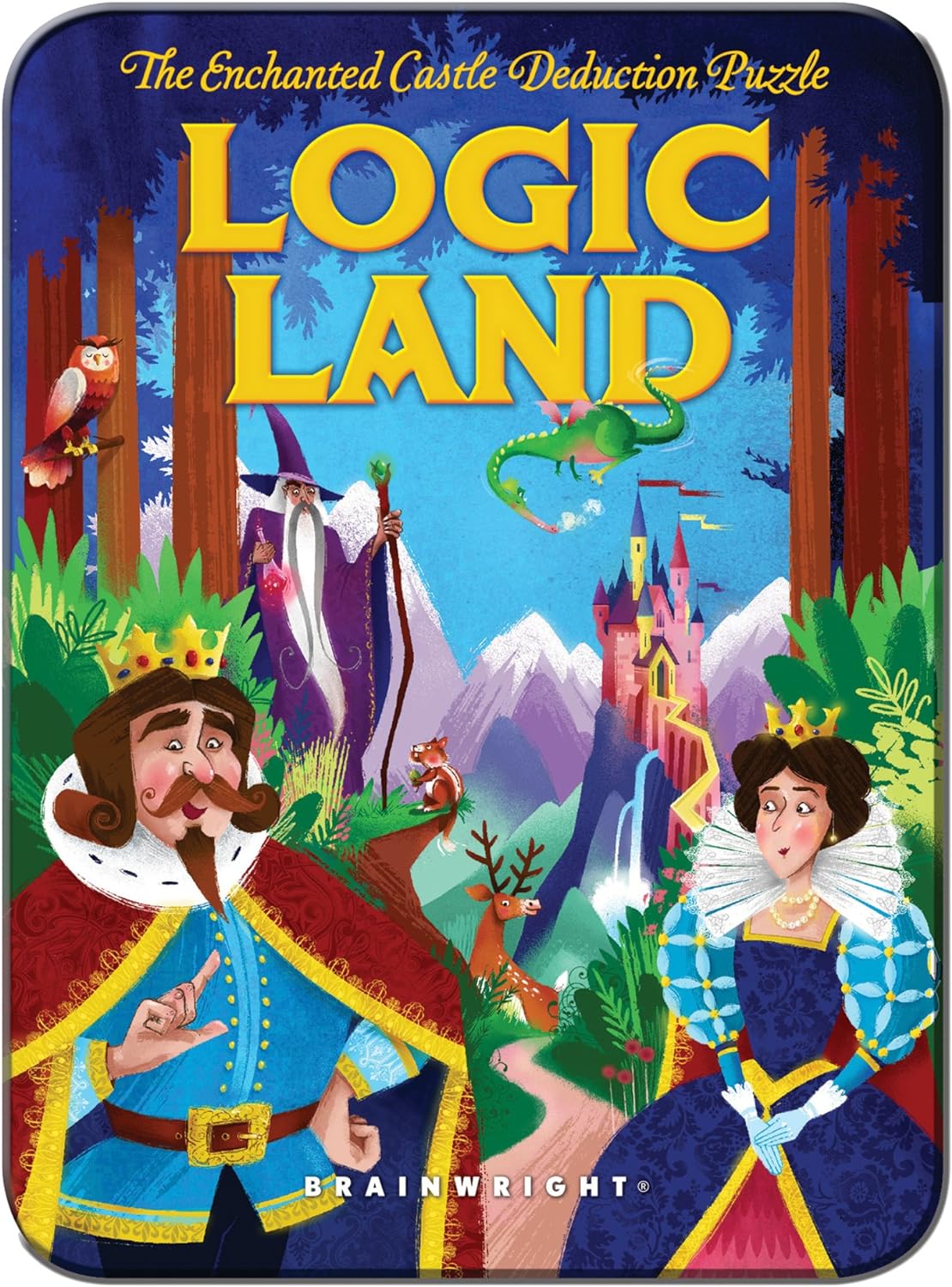 This set includes the booklet, storage tin and board, and seven magnets. Logic Land Deduction Puzzle image on Amazon