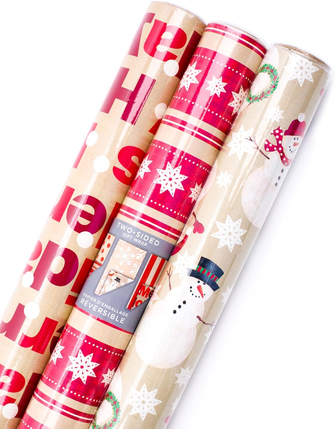 These Christmas patterns feature less holiday specific designs on the reverse side. Hallmark Reversible Christmas Wrapping Paper Bundle of 3 on Amazon