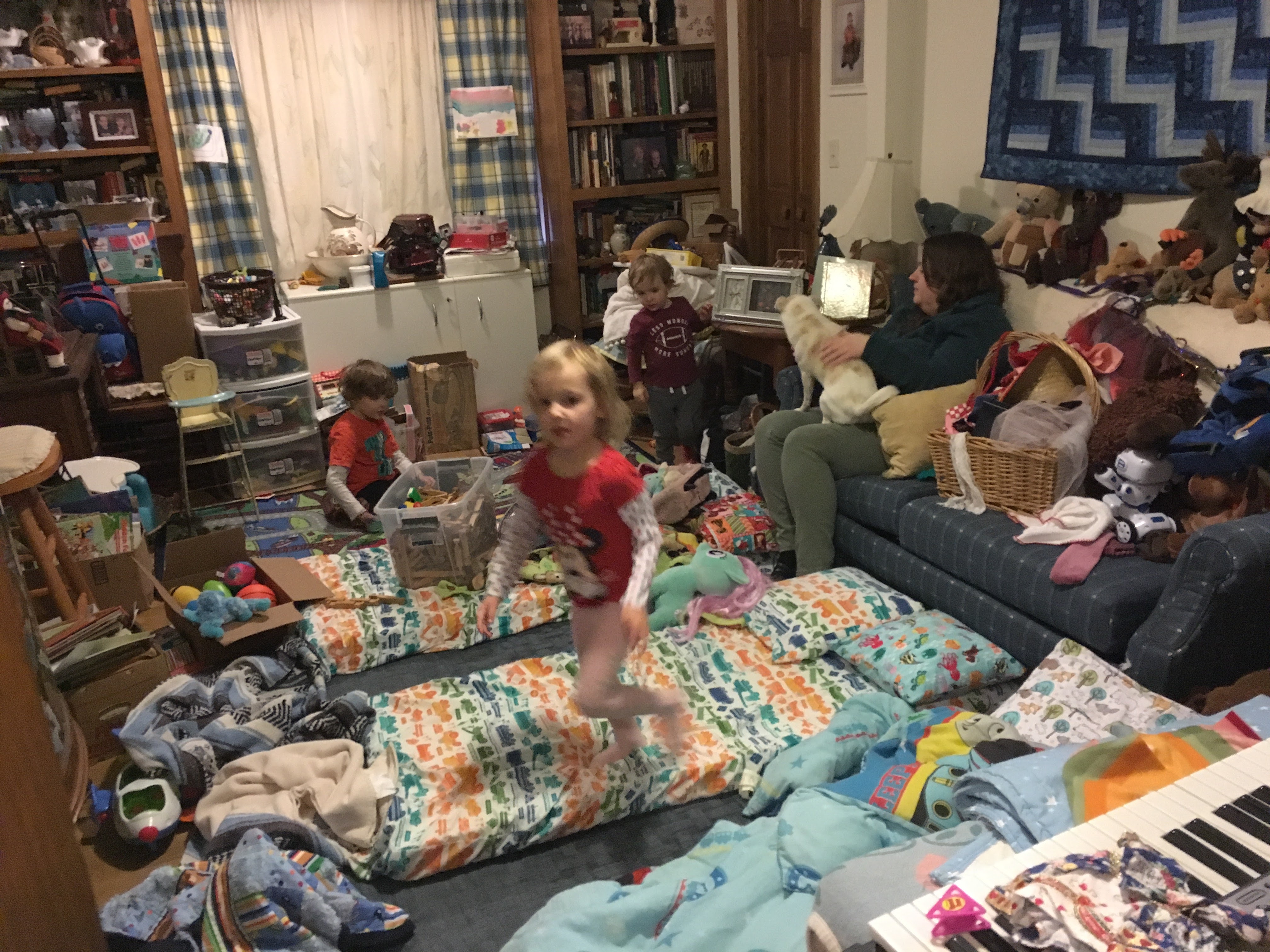 slumber party beds on floor in living area