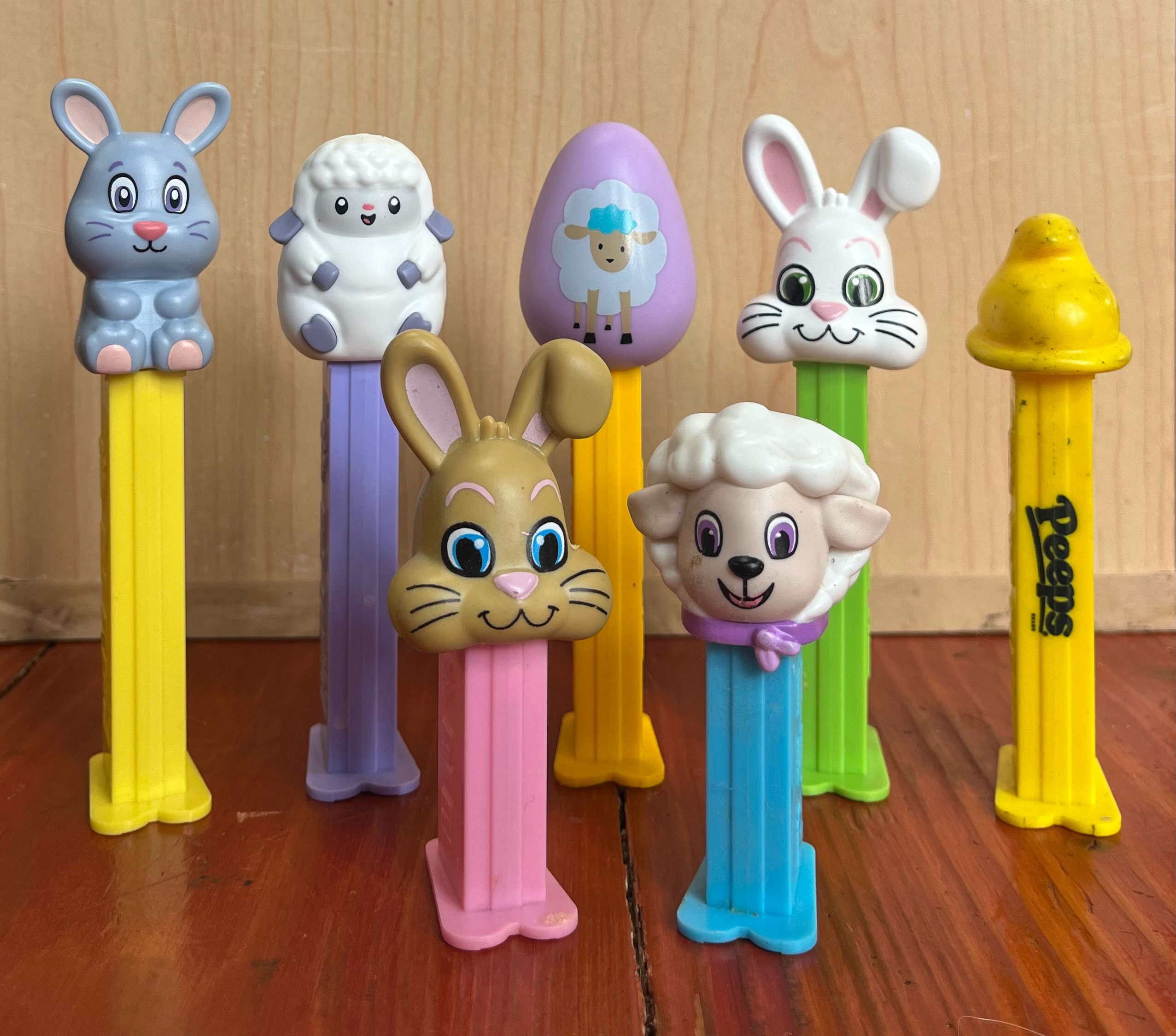 Easter Pez dispensers with bunnies, sheep, lamb, Peep, and egg