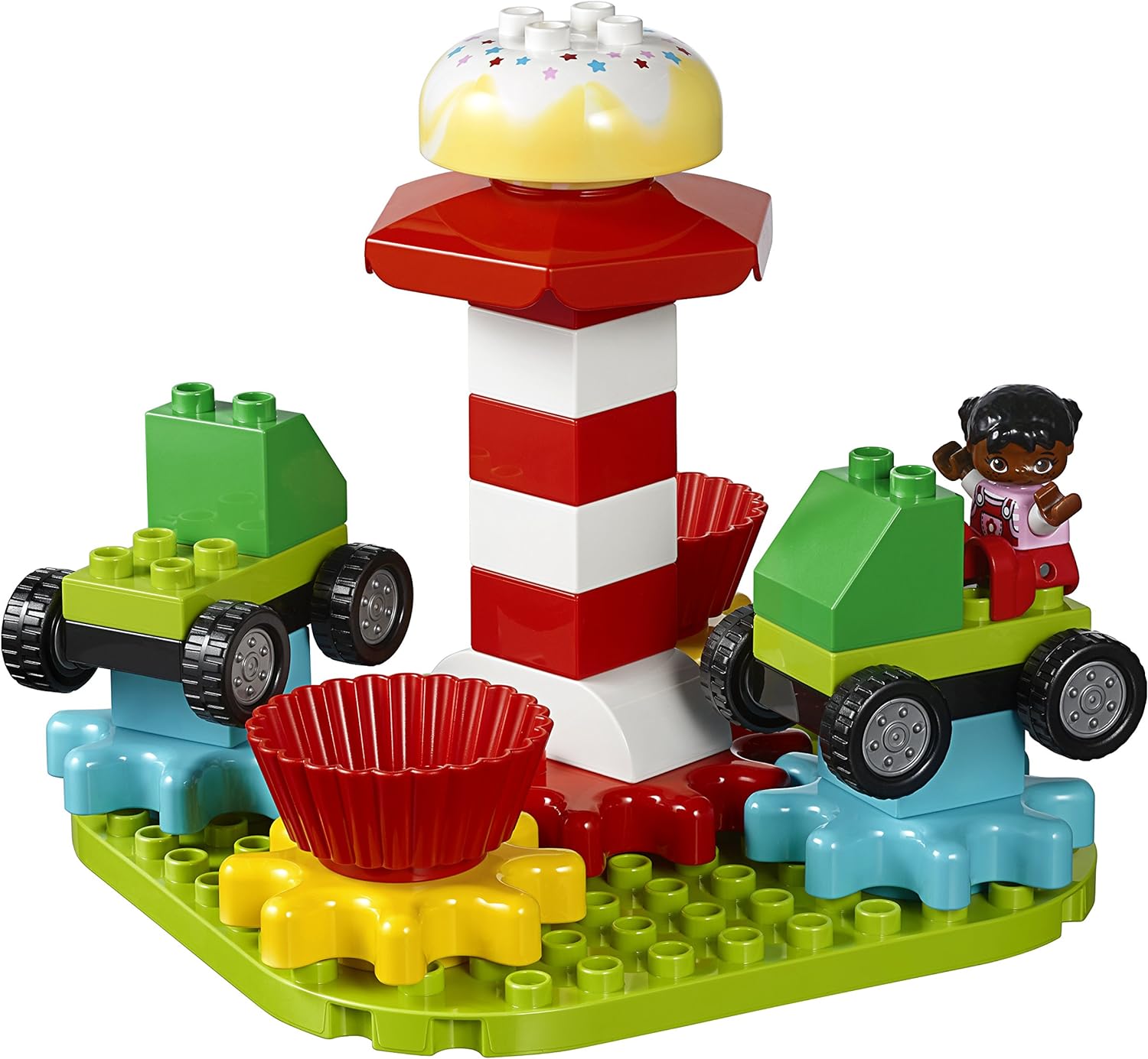 This 295 piece set includes gears with built in connections for Lego Duplo bricks, plus of a lot of other movement elements, like ramps and slides. STEAM Park Building Set for Duplo on Amazon