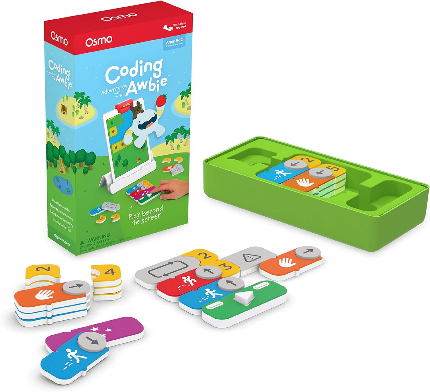 Kids learn to code with thiese tangible coding blcoks and an interactive screen. Osmo Coding with Awbie